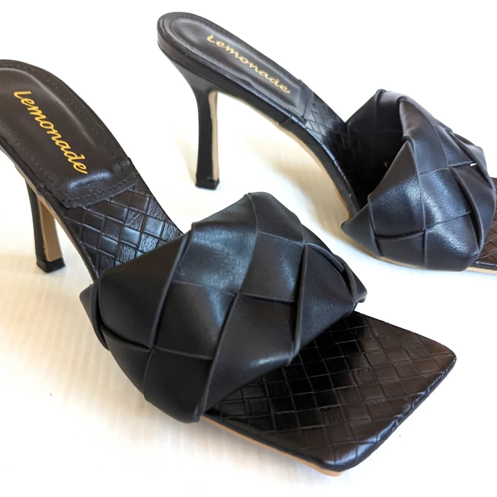 LEMONADE Turnitup black braided strap square toe stiletto heel sandals